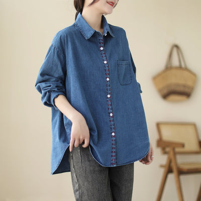 Women Spring Casual Cotton Denim Blouse Mar 2023 New Arrival One Size Blue 