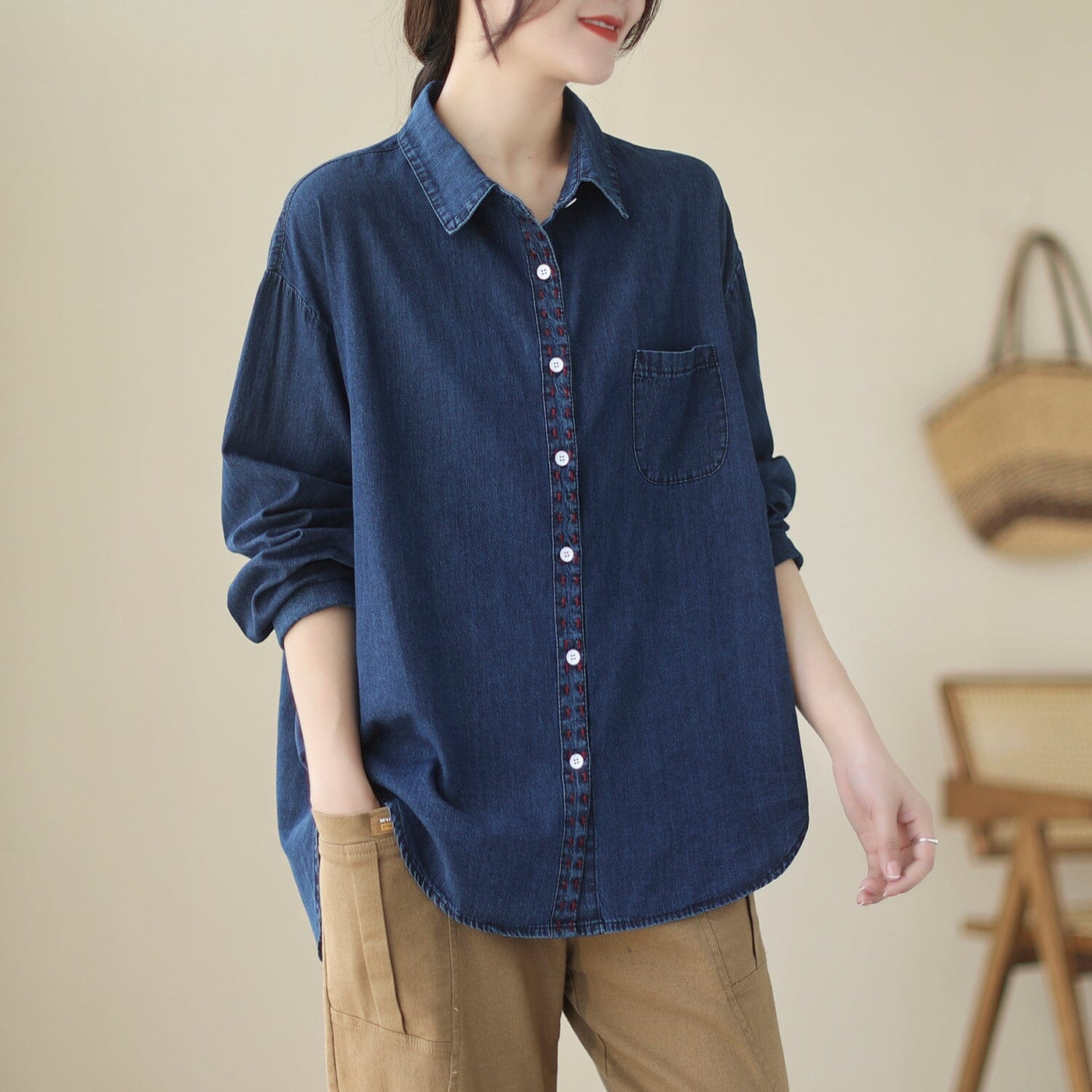 Women Spring Casual Cotton Denim Blouse Mar 2023 New Arrival One Size Navy 