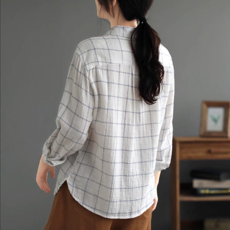 Women Spring Casual Cotton Plaid Loose Blouse Mar 2023 New Arrival 