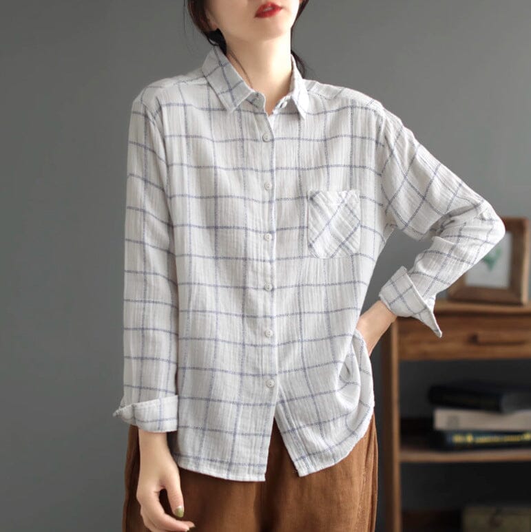 Women Spring Casual Cotton Plaid Loose Blouse Mar 2023 New Arrival White One Size 
