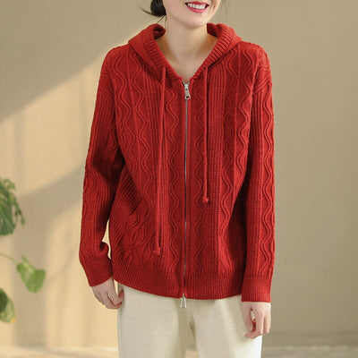 Women Spring Casual Fashion Knitted Hoodie Jan 2023 New Arrival One Size Red 