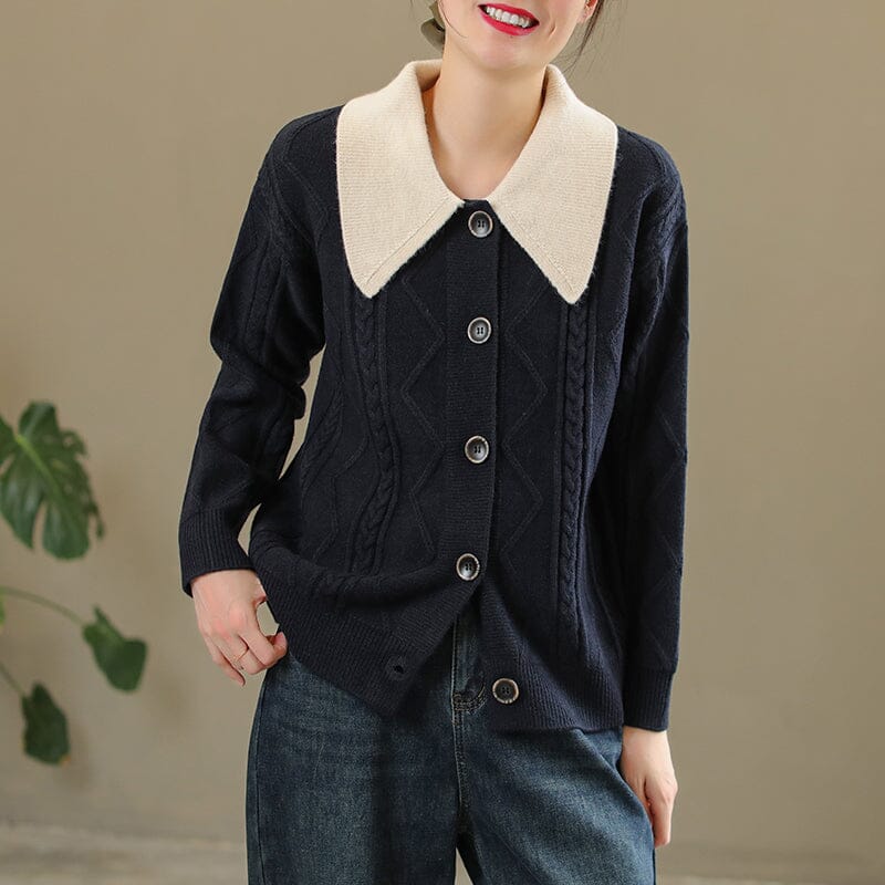 Women Spring Casual Knitted Patchwork Cardigan Feb 2023 New Arrival One Size Navy 