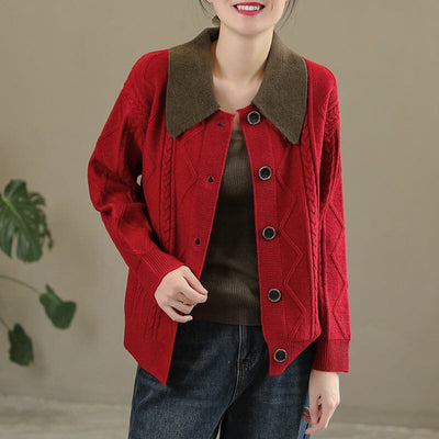 Women Spring Casual Knitted Patchwork Cardigan Feb 2023 New Arrival One Size Red 