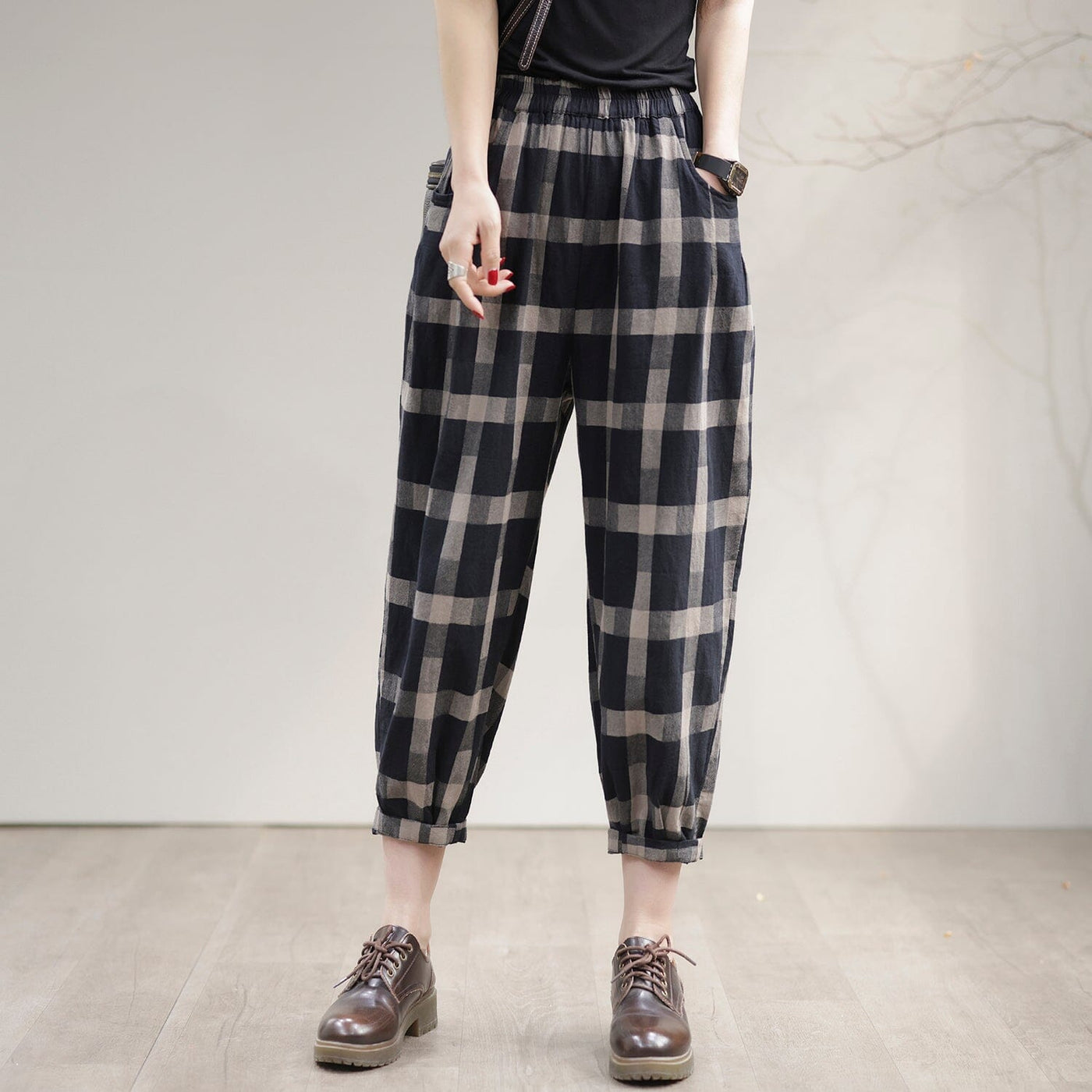 Women Spring Casual Loose Cotton Plaid Harem Pants Feb 2023 New Arrival One Size Navy 