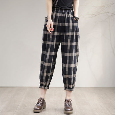 Women Spring Casual Loose Cotton Plaid Harem Pants Feb 2023 New Arrival One Size Navy 