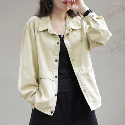 Women Spring Casual Loose Solid Cotton Jacket Feb 2023 New Arrival M Apricot 