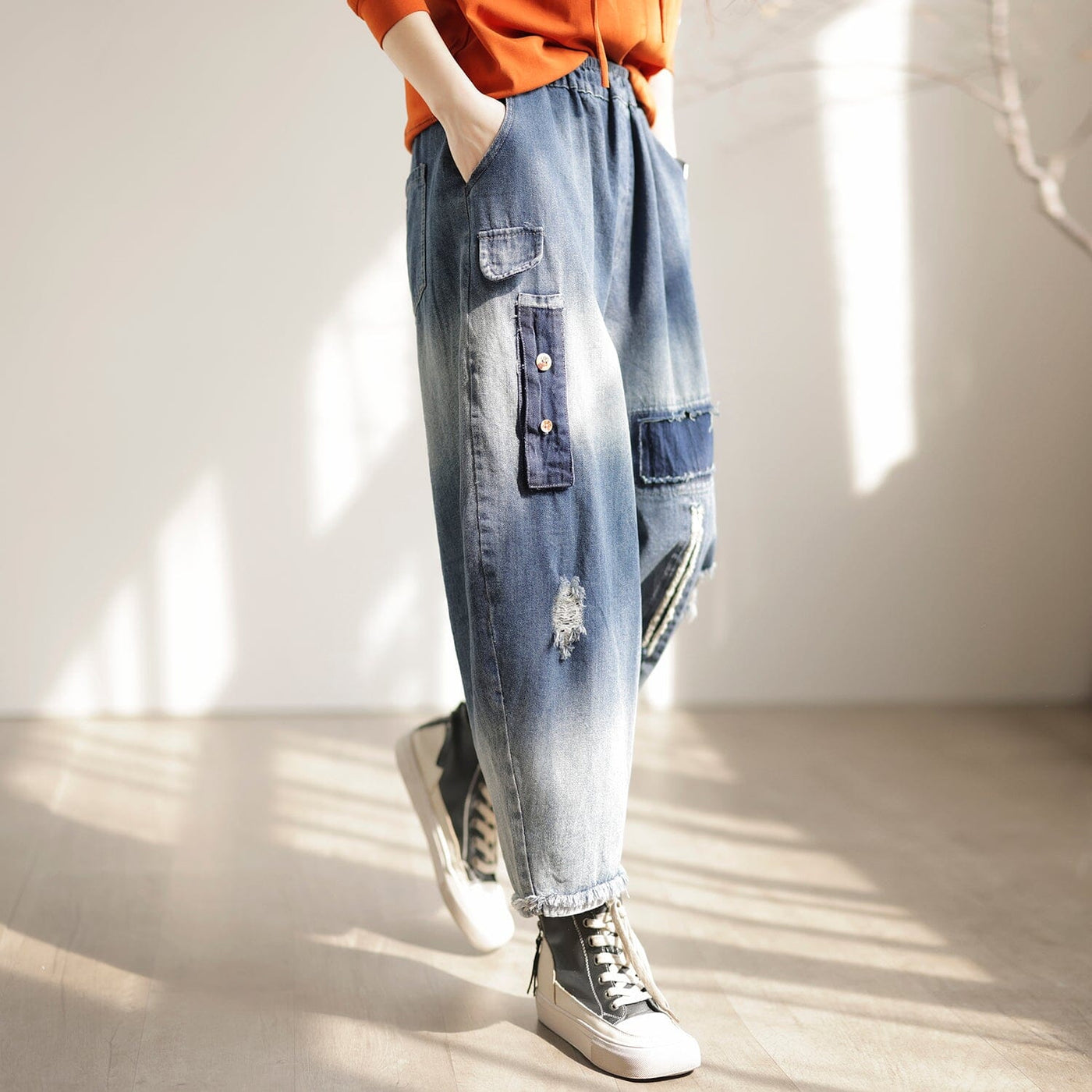 Women Spring Casual Ripped Patchwork Jeans Feb 2023 New Arrival 