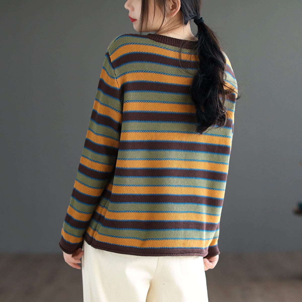 Women Spring Casual Stripe Cotton Knitted Sweater