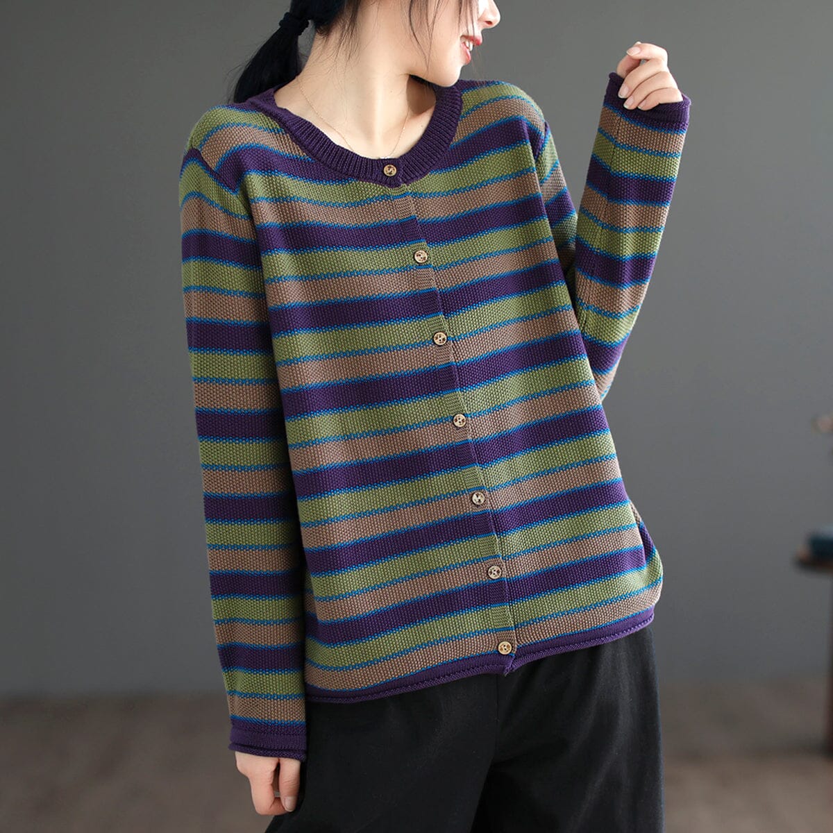 Women Spring Casual Stripe Cotton Knitted Sweater Feb 2023 New Arrival One Size Purple 