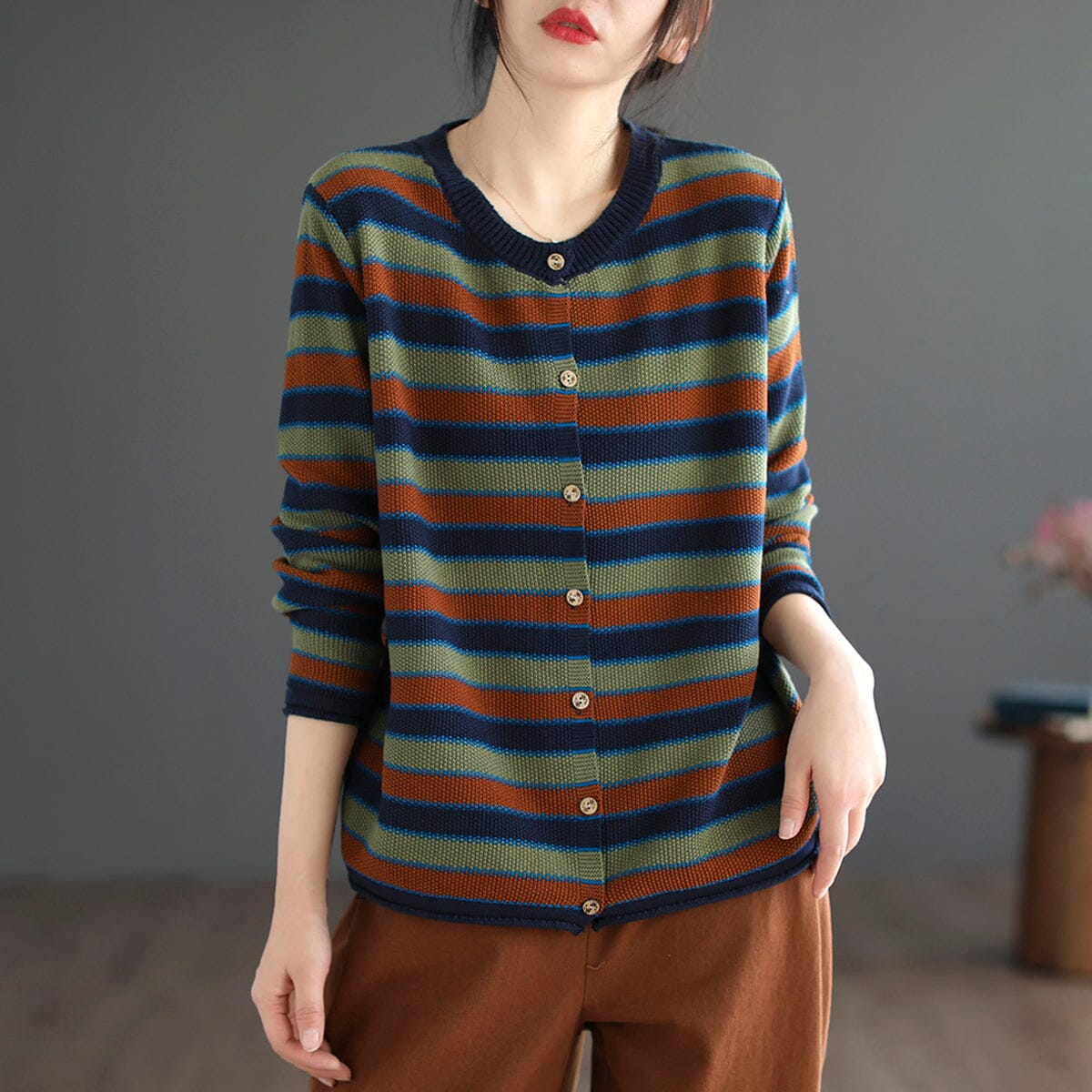 Women Spring Casual Stripe Cotton Knitted Sweater Feb 2023 New Arrival One Size Red 