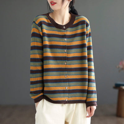 Women Spring Casual Stripe Cotton Knitted Sweater Feb 2023 New Arrival One Size Yellow 