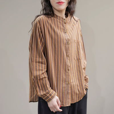 Women Spring Casual Stripe Cotton Loose Blouse Jan 2023 New Arrival One Size Coffee 