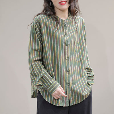Women Spring Casual Stripe Cotton Loose Blouse Jan 2023 New Arrival One Size Green 