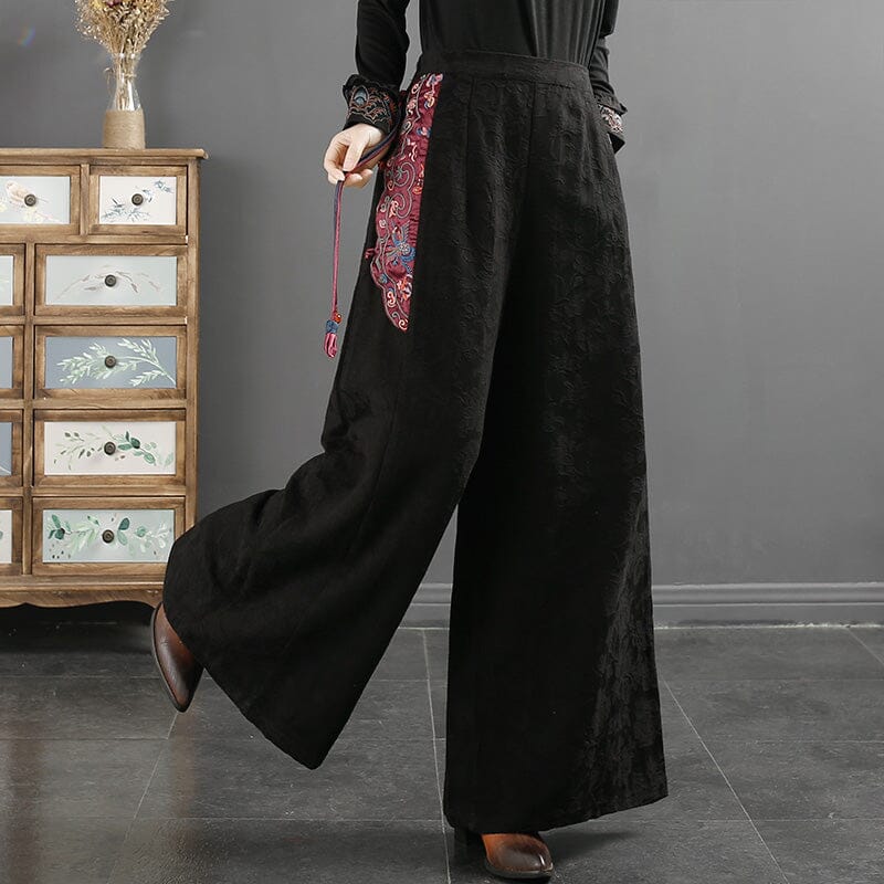 Women Spring Cotton Linen Embroidery Wide-Leg Pants
