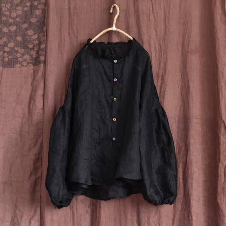 Women Autumn Cotton Linen Ruffled Loose Blouses