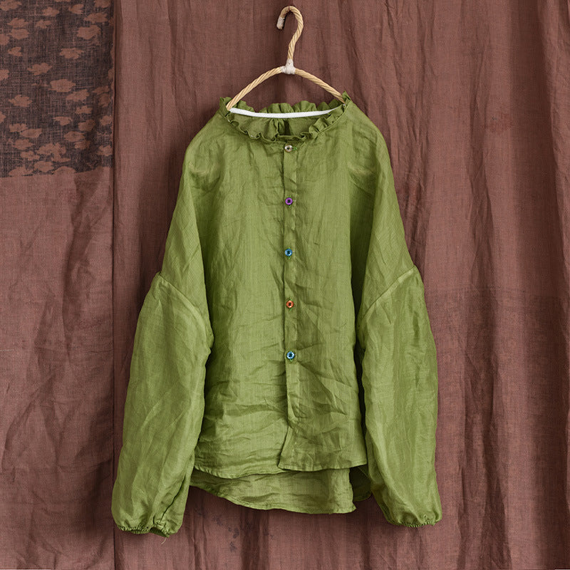 Women Spring Cotton Linen Ruffle Loose Blouse Feb 2022 New Arrival Green One Size 
