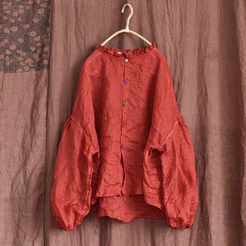 Women Autumn Cotton Linen Ruffled Loose Blouses
