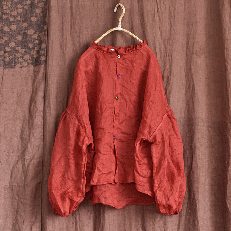 Women Spring Cotton Linen Ruffle Loose Blouse Feb 2022 New Arrival Red One Size 