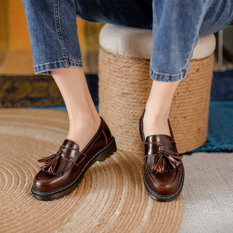 Women Retro Chunky Heel Tassel Leather Loafers