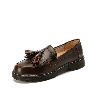 Women Retro Chunky Heel Tassel Leather Loafers