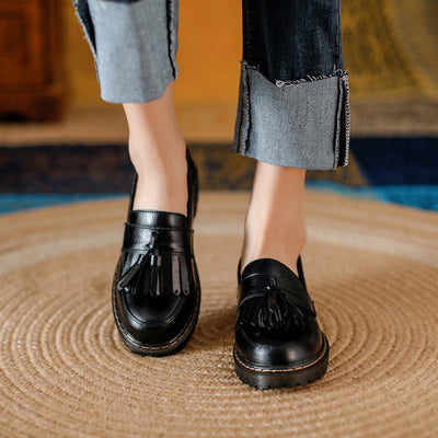 Women Retro Chunky Heel Tassel Leather Loafers