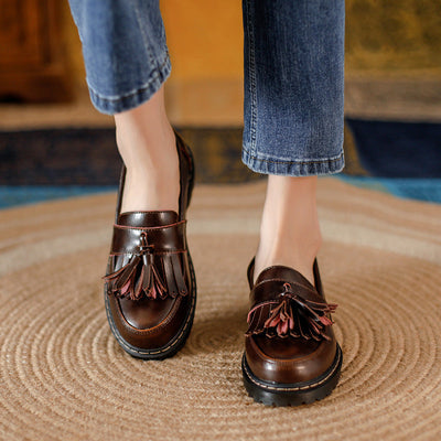 Women Retro Chunky Heel Tassel Leather Loafers
