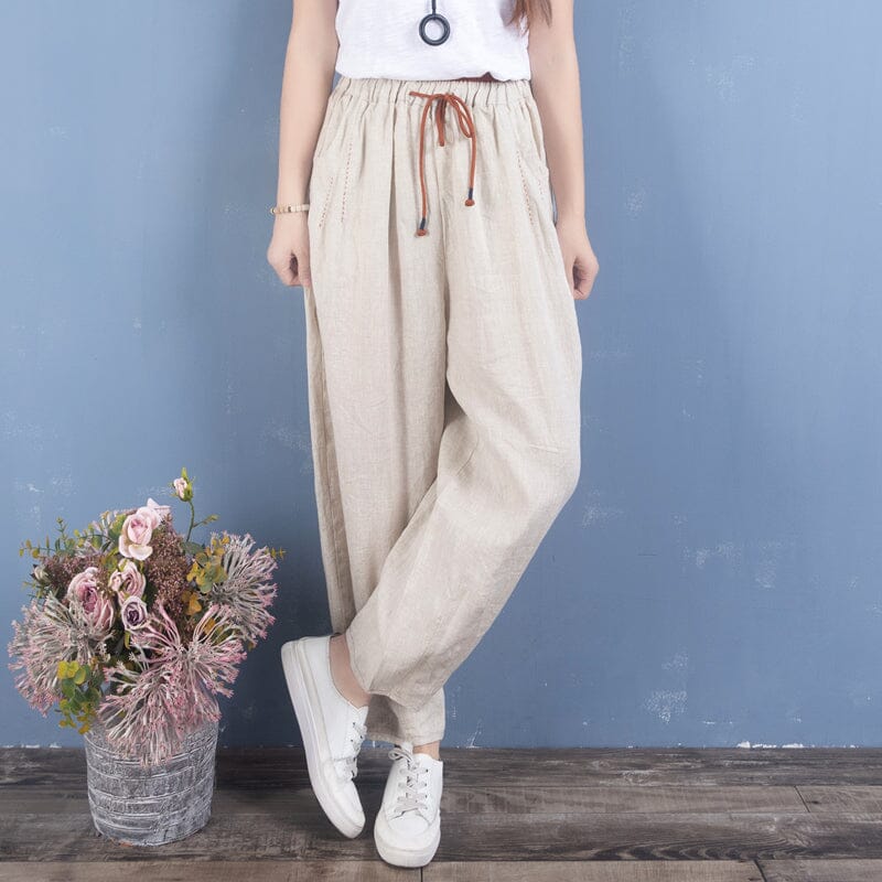 Women Spring Linen Loose Solid Casual Pants Dec 2022 New Arrival One Size Beige 
