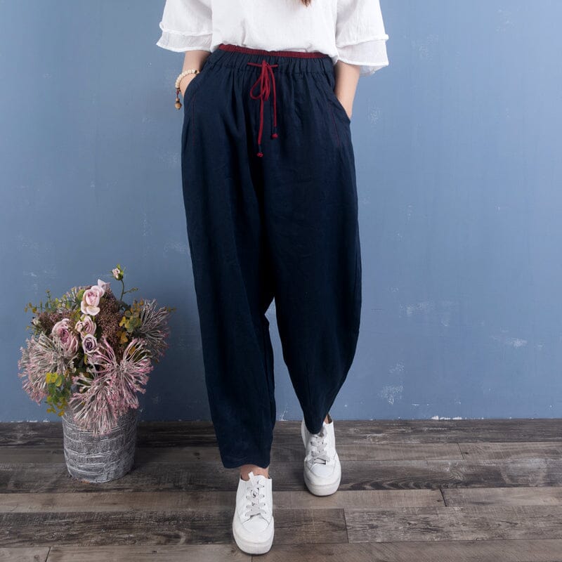 Women Spring Linen Loose Solid Casual Pants Dec 2022 New Arrival One Size Navy 