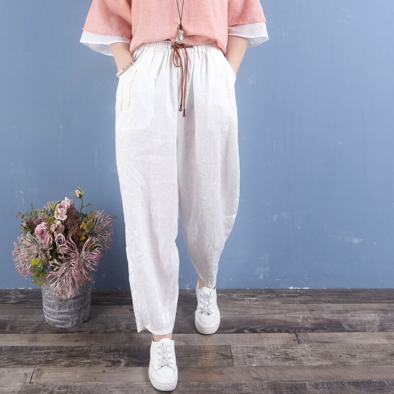 Women Spring Linen Loose Solid Casual Pants Dec 2022 New Arrival One Size White 