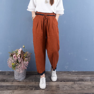 Women Spring Linen Trim Patchwork Casual Pants Dec 2022 New Arrival One Size Orange 