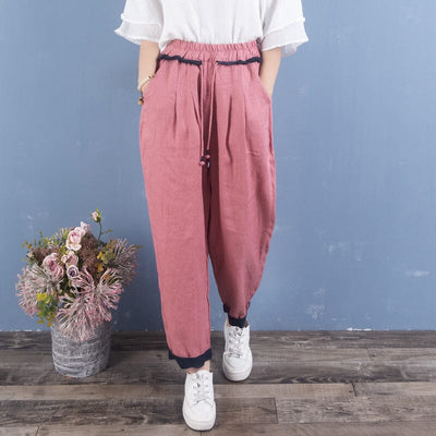 Women Spring Linen Trim Patchwork Casual Pants Dec 2022 New Arrival One Size Pink 
