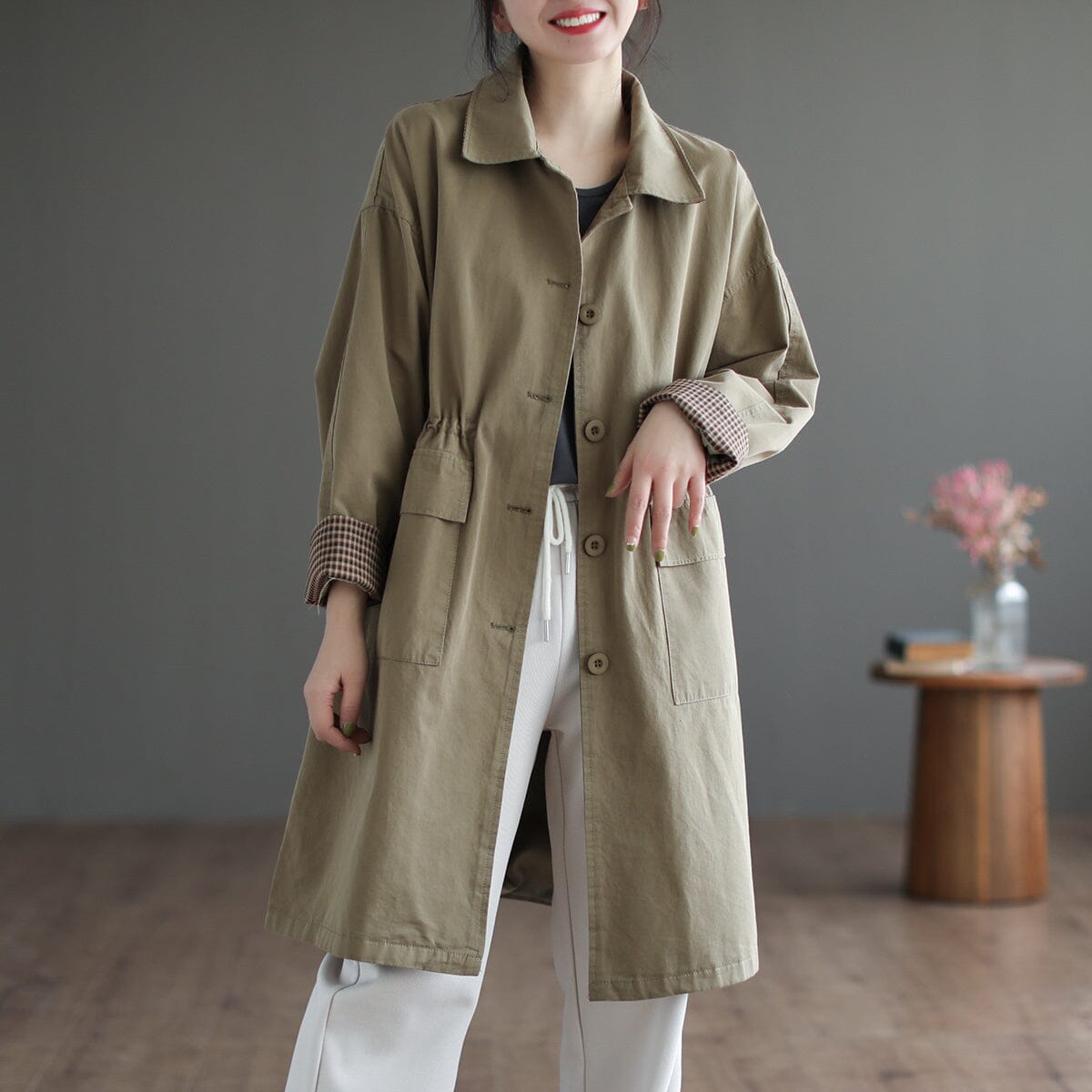 Women Spring Loose Casual Overlength Jacket Feb 2023 New Arrival One Size Khaki 