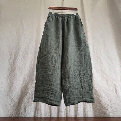Women Spring Loose Linen Pants Plus Size Apr 2023 New Arrival Dark Green One Size 