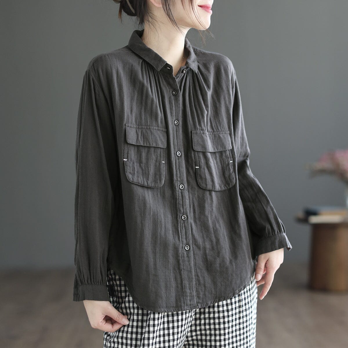 Women Spring Loose Retro Double-Layer Cotton Blouse Feb 2023 New Arrival Gray One Size 