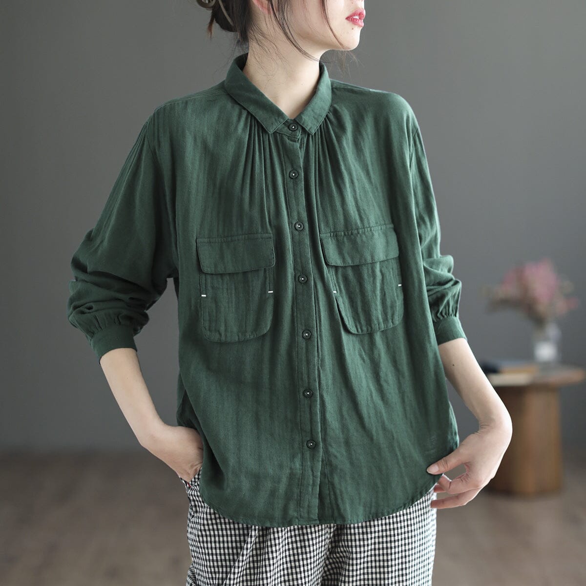 Women Spring Loose Retro Double-Layer Cotton Blouse Feb 2023 New Arrival Green One Size 