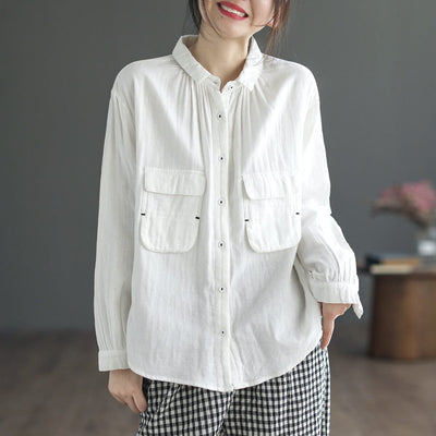 Women Spring Loose Retro Double-Layer Cotton Blouse Feb 2023 New Arrival White One Size 