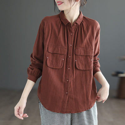 Women Spring Loose Retro Double-Layer Cotton Blouse Feb 2023 New Arrival Wine Red One Size 