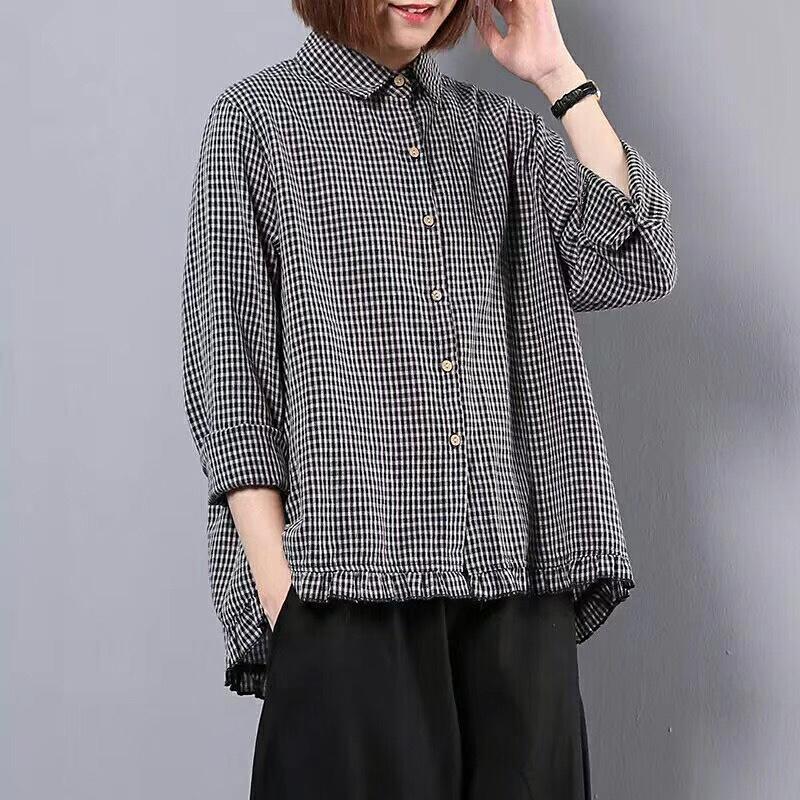 Women Spring Plaid Turn-down Collar Loose Shirt 2019 March New One Size Black 