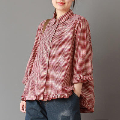 Women Spring Plaid Turn-down Collar Loose Shirt 2019 March New One Size Red 