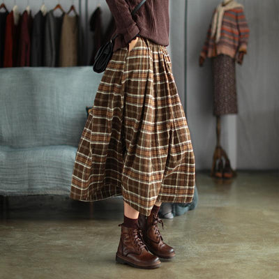 Women Spring Reto Loose Plaid Cotton Skirt Dec 2021 New Arrival One Size Coffee 