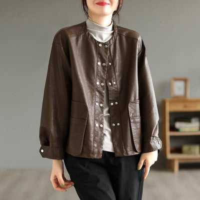 Women Spring Retro Buttons Solid PU Jacket