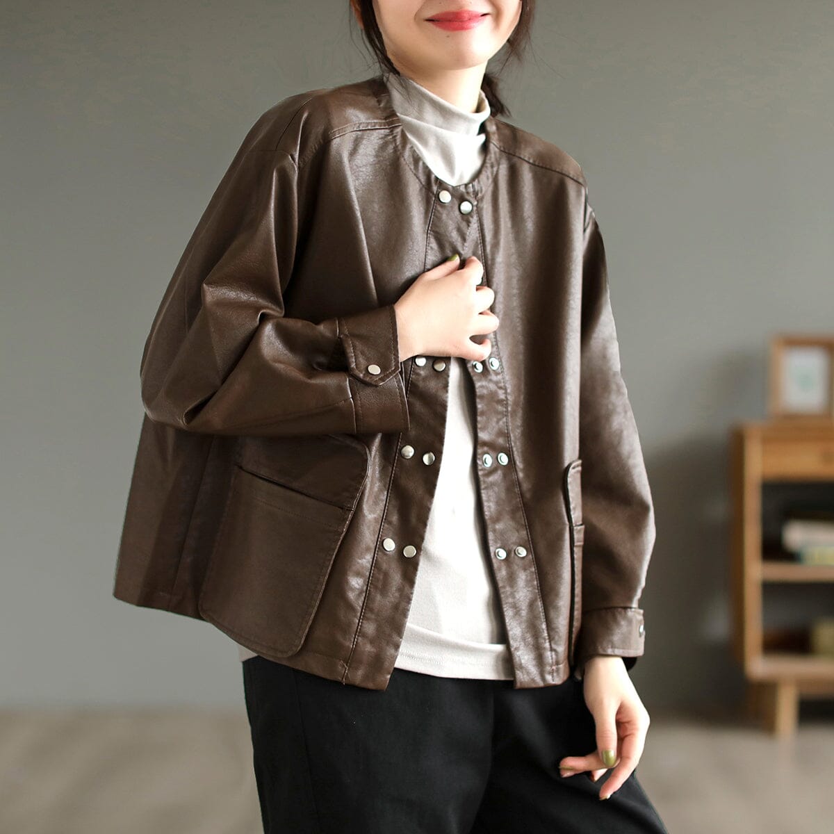 Women Spring Retro Buttons Solid PU Jacket