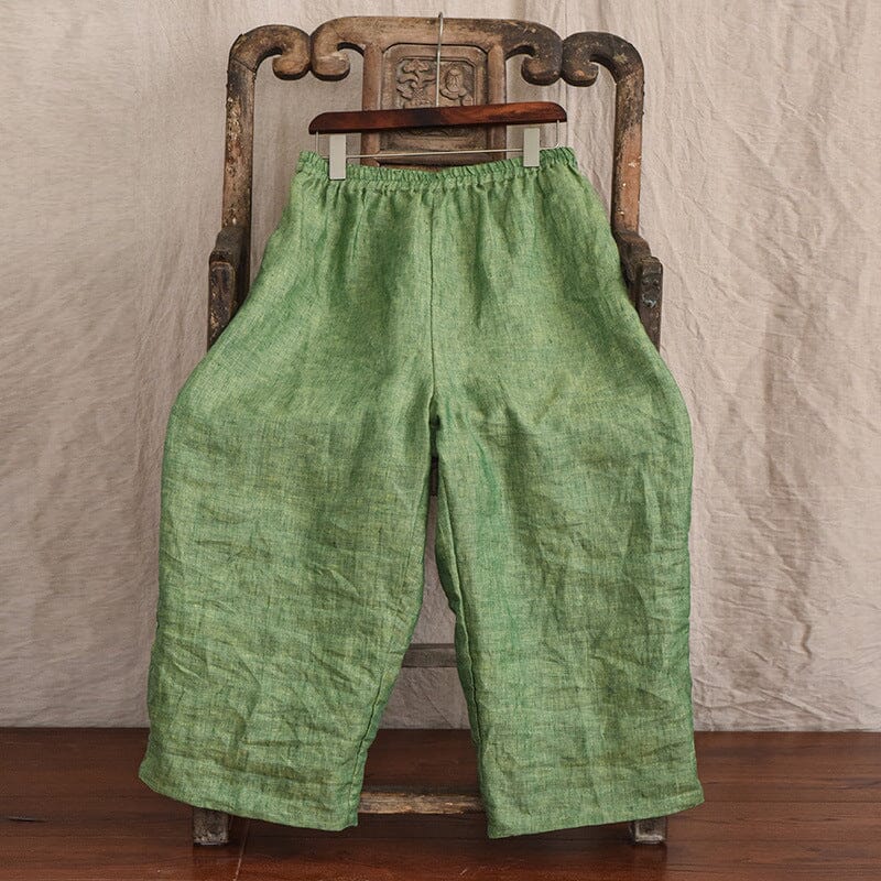 Women Spring Retro Casual Loose Linen Pants Apr 2023 New Arrival Green One Size 
