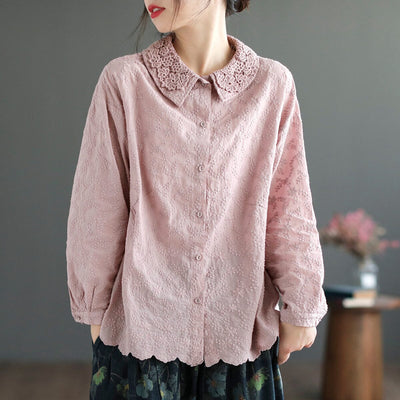 Women Spring Retro Embroidery Double Layers Blouse Mar 2023 New Arrival One Size Pink 