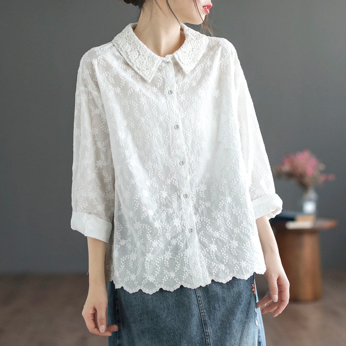 Women Spring Retro Embroidery Double Layers Blouse Mar 2023 New Arrival One Size White 