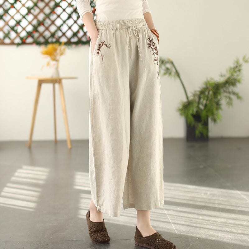 Women Spring Retro Embroidery Linen Loose Wide Leg Pants Feb 2023 New Arrival 