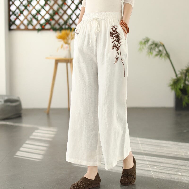 Women Spring Retro Embroidery Linen Loose Wide Leg Pants