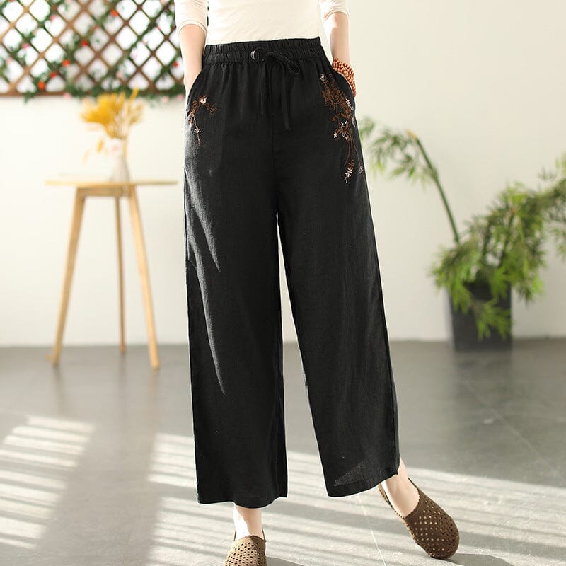 Women Spring Retro Embroidery Linen Loose Wide Leg Pants Feb 2023 New Arrival Black One Size 