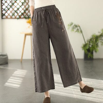 Women Spring Retro Embroidery Linen Loose Wide Leg Pants Feb 2023 New Arrival Gray One Size 