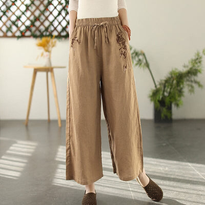 Women Spring Retro Embroidery Linen Loose Wide Leg Pants Feb 2023 New Arrival Khaki One Size 